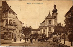1923 Győr, Erzsébet tér, Abadie cigarettapapír reklámplakátja, templom. Vasúti levelezőlapárusítás 474. (EK...