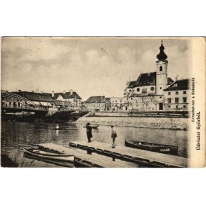 1909 Győr, Erzsébet tér a Rába felől, híd, Pannonia könyvnyomda, VIHAR csónak. Polgár Bertalan kiadása (EK...