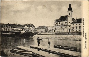 1909 Győr, Erzsébet tér a Rába felől, híd, Pannonia könyvnyomda, 