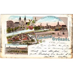 1897 (Vorläufer!) Győr, Újváros, zsinagóga, Püspökvár, Rába híd és Karmelita zárda, gőzmozdony, vonat, Királyi tábla...