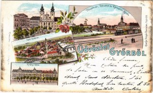 1897 (Vorläufer !) Győr, Újváros, zsinagóga, Püspökvár, Rába híd és Karmelita zárda, gőzmozdony, vonat, Királyi tábla...