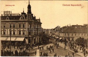 1907 Kaposvár, Széchenyi tér, piac, Erzsébet szálló, Geiszler Nep. János üzlete. Hagelmann Károly kiadása (EK...