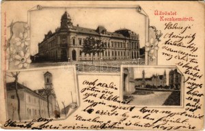 1900 Kecskemét, Polgári leány iskola, Piarista templom. Gallia Metzger Béla kiadása, secese, květinová (EK...