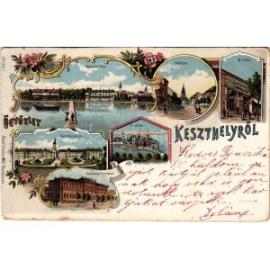 1899 (Vorläufer) Keszthely, Balatoni park, Fő utca, fürdőház, Festetics palota, Gazdasági tanintézet...