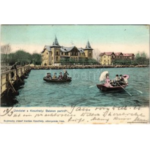 1905 Keszthely, parte del Balaton, Hullám és Balaton szálloda, csónakázók. Sujánszky József kiadása (nato a...