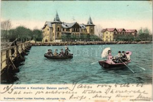 1905 Keszthely, parte del Balaton, Hullám és Balaton szálloda, csónakázók. Sujánszky József kiadása (nato a...
