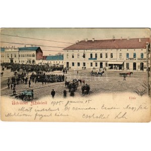 1905 Makó, Fő tér, piac, Schwarz és Reik, Lelek István cukrász, Topcsy László üzlete, étterem, bor- és sörcsarnok...