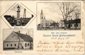 1907 Mezőkeresztes, Artézi kút, Római katolikus templom, Városháza (EK)