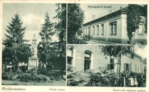 1937 Mezőkovácsháza, Főszolgabírói hivatal, Hősök szobra, Priskin-féle központi szálloda. Hábán Endre kiadása (fl...