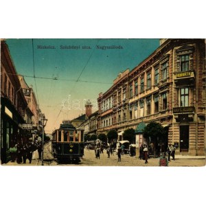1911 Miskolc, Széchenyi utca, Horváth Nagy szálloda, villamos, piac, megállóhely. Grünwald kiadása (fl...