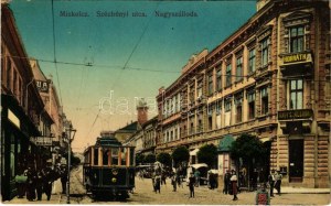 1911 Miskolc, Széchenyi utca, Horváth Nagy szálloda, villamos, piac, megállóhely. Grünwald kiadása (fl...