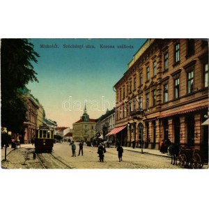 1916 Miszkolc, Széchenyi utca, Korona szálloda, villamos. Grünwald kiadása (EK)