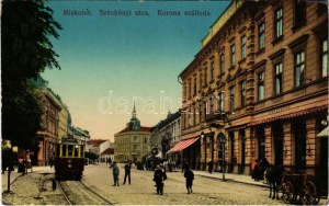 1916 Miszkolc, Széchenyi utca, Korona szálloda, villamos. Grünwald kiadása (EK)