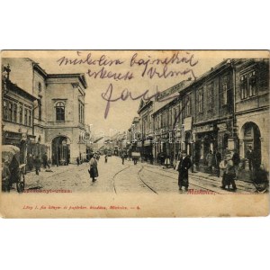1903 Miskolc, Széchenyi utca, Herz Samu, Pick Jakab, Ungár József üzlete, villamos. Lövy J. fia kiadása (fl...