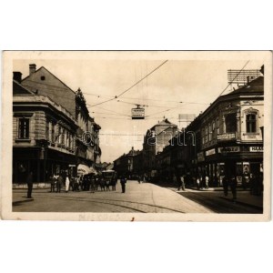 1933 Miszkolc, Széchenyi utca, Haász J., Pataki üzlete, villamos, autóbusz (fl)