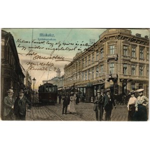 1905 Miskolc, Széchenyi utca, villamos, Horváth nagy szálloda és kávéház. montázs (EK)