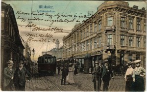 1905 Miszkolc, Széchenyi utca, villamos, Horváth nagy szálloda és kávéház. montázs (EK)