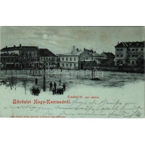 1900 Nagykanizsa, Erzsébet tér alsó részlet, piac, Reichenfeld Albert, Weisz és Schmidt üzlete. Fischel Fülöp kiadása ...