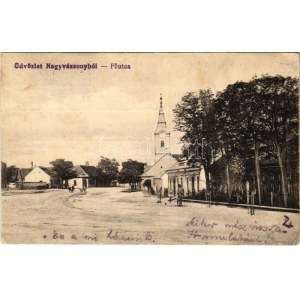 1918 Nagyvázsony, Fő utca, templom. Deutsch Lipót kiadása (EK)