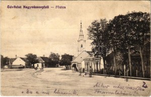 1918 Nagyvázsony, Fő utca, templom. Deutsch Lipót kiadása (EK)