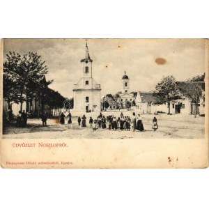 1909 Noszlop, Fő tér, templomok. Fénynyomat Divald műintézetéből (EB)