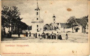 1909 Noszlop, Fő tér, templomok. Fénynyomat Divald műintézéből (EB)