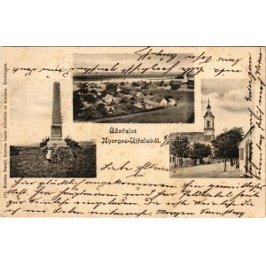 1903 Nyergesújfalu, Nyerges-Újfalu; látkép, Millenniumi emlékmű, templom. Kardos Dezső felvétele és kiadása (fl...
