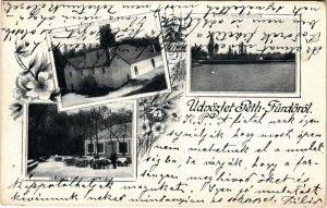 1900 Pétfürdő, Fürdő szálloda, táj a halastóval, ebédlő és kerthelyiség. Jugendstil, floral (EK...
