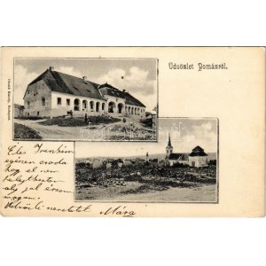 Pomáz, Wattay-Teleki kastély (még az átépítés előtt), templomok. Divald Károly kiadása (EK...