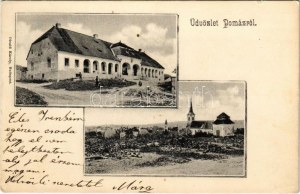 Pomáz, Wattay-Teleki kastély (még az átépítés előtt), templomok. Divald Károly kiadása (EK...