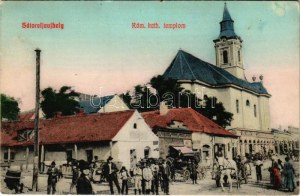 1909 Sátoraljaújhely, Római katolikus templom, piac, Ganz Lázár üzlete. Vasúti étterem kiadása (kis szakadás ...