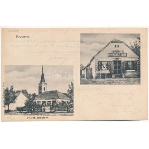 Soponya, Református templom, Schwarcz Mór koporsóraktára, üzlete és saját kiadása (EK)