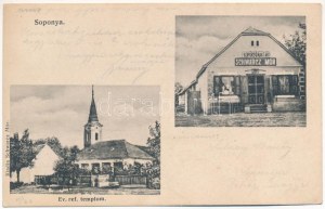 Soponya, Református templom, Schwarcz Mór koporsóraktára, üzlete és saját kiadása (EK)
