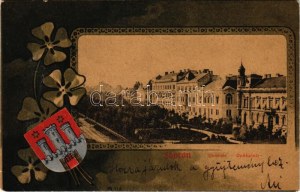 1901 Sopron, Deák tér. Blum N. kiadása. Szecessziós címeres litho keret, Art Nouveau (EB)