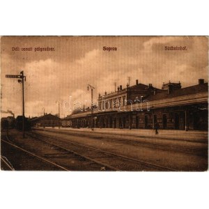1911 Sopron, Déli vasúti pályaudvar, vasútállomás, vonat, gőzmozdony (EK)