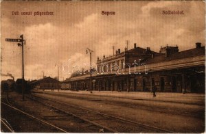 1911 Sopron, Déli vasúti pályaudvar, vasútállomás, vonat, gőzmozdony (EK)
