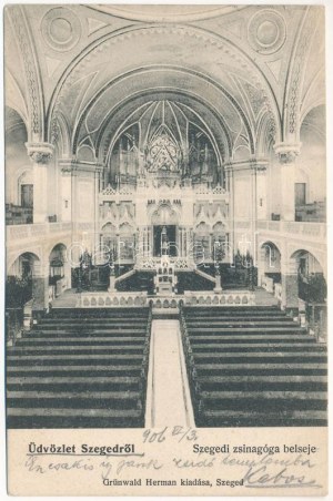 1906 Szeged, Izraelita templom, zsinagóga, belső. Grünwald Herman kiadása (EK)