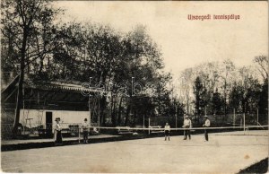 1915 Szeged, Újszegedi teniszpálya, teniszezők. Grünwald Herman kiadása (Rb)