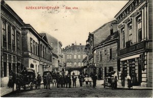 1911 Székesfehérvár, Sas utca, Peinn József Concordia temetkezési vállalata, Fekete Sas szálloda és kávéház...