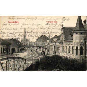 1910 Szombathely, Óperinti utca, gyógyszertár, templom, híd (ragasztónyom / Klebepunkt)