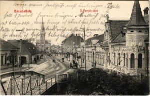 1910 Szombathely, Óperinti utca, gyógyszertár, templom, híd (ragasztónyom / znak kleju)