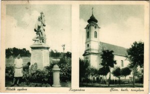 1931 Tiszanána, Római katolikus templom, Hősök szobra, emlékmű. Hangya szövetkezet kiadása (EK...