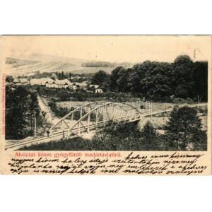 1904 Alváca, Vata de Jos; Kénes gyógyfürdő madártávlatból, vasúti híd. Deutsch fényképész fölvétele / terme di zolfo...