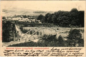 1904 Alváca, Vata de Jos; Kénes gyógyfürdő madártávlatból, vasúti híd. Deutsch fényképész fölvétele / sulphur spa...