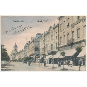 1906 Arad, Andrássy tér, Kilényi, Weinberger János, Singer Sándor, Guttmann és Berger és Grallert J. és fia üzlete...