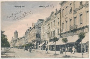 1906 Arad, Andrássy tér, Kilényi, Weinberger János, Singer Sándor, Guttmann és Berger és Grallert J. és fia üzlete...