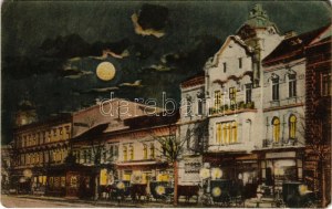 Arad, Lloyd épület este, Pannónia szálloda, Purjes üzlete / palais de nuit, hôtel, magasins (EK)