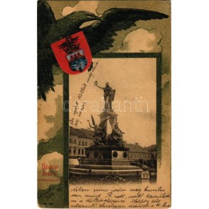 1906 Arad, Vértanú szobor. Szecessziós litho keret címerrel / monumento ai martiri. Lito in stile Art Nouveau con stemma ...