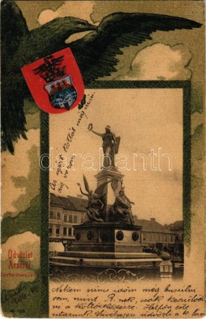 1906 Arad, Vértanú szobor. Szecessziós litho keret címerrel / Denkmal der Märtyrer. Jugendstil-Lithographie mit Wappen ...