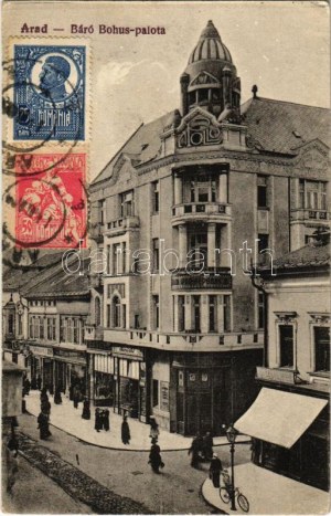 Arad, Báró Bohus palota, Aradi Ipar és Népbank, üzletek / palace, bank, shops (EK)